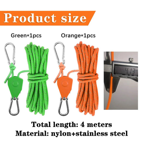 Two Pack High Strength Pulley Camping Ropes With Adjustable Windproof Ratchet Straps, green and orange, 4m nylon
