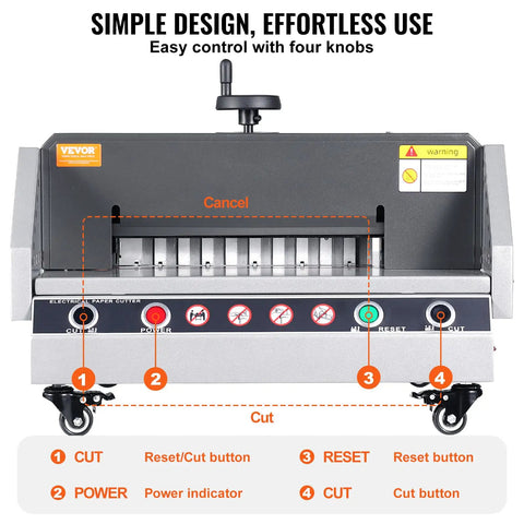 VEVOR 13 Inch Electric Paper Cutter control panel with buttons for cut, reset, and power indicators for easy use.