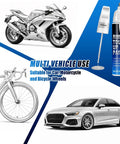Universal Silver Rim Touch Up Paint With Built In Brush For Curb Rash And Wheel Scuff Scrapes shown with motorcycle, bicycle and car.