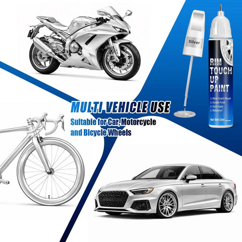 Universal Silver Rim Touch Up Paint With Built In Brush For Curb Rash And Wheel Scuff Scrapes shown with motorcycle, bicycle and car.