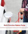 Rock Solid Car Siphon Pump And Fluid Transfer Kit extracting gasoline from a vehicle with a heavy duty PVC hose.