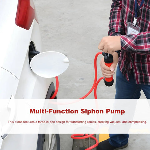 Rock Solid Car Siphon Pump And Fluid Transfer Kit extracting gasoline from a vehicle with a heavy duty PVC hose.