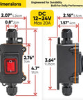 Dimensions and features of Waterproof Inline Rocker Switch Box For 12V To 24V Systems, 20A, with PG9 cable glands and red toggle, side view.
