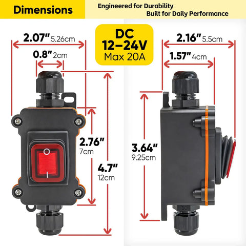 Dimensions and features of Waterproof Inline Rocker Switch Box For 12V To 24V Systems, 20A, with PG9 cable glands and red toggle, side view.