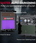 True Color Pro Grade Auto Darkening Welding Helmet with upgraded arc sensor and solar panel, showing front view of screen.