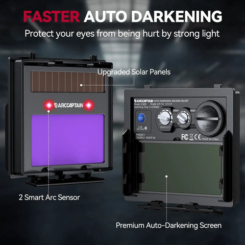 True Color Pro Grade Auto Darkening Welding Helmet with upgraded arc sensor and solar panel, showing front view of screen.
