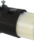Locking 30A 3P 250V L15-30R cord mounted connector in black and white with rugged moisture resistant housing