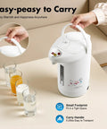 Heavy Duty Three Liter Hot Water Dispenser serving auto and manual pouring with carry handle near glasses.