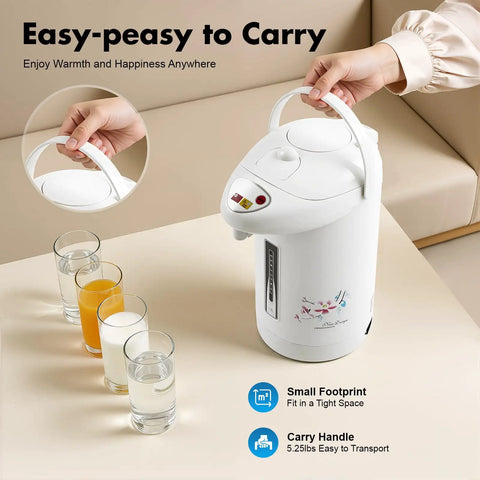Heavy Duty Three Liter Hot Water Dispenser serving auto and manual pouring with carry handle near glasses.