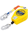 Self Retracting Lifeline Fall Arrestor 23 Foot Double Locking Cable With Aviation Grade Steel Wire showcased with hooks and bright yellow shell.