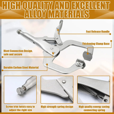 10 Piece Locking C Clamp Set With Adjustable Pliers For Welding, Regular Tip And Swivel Pad, Heavy Duty Pro Grade Tool For Shop Or Home Projects, Farm Or Auto Workshop, Woodworking And Cabinetry Repairs, 6 Inch carbon steel locking clamp with fast release handle