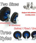 Two Pack Industrial Heavy Duty Casters Featuring Rock Solid Pneumatic Rubber Tires Smooth Swivel Wheels With Tight Brakes And Killer Load Rating For No Sweat Heavy Moving, 200mm and 250mm sizes.