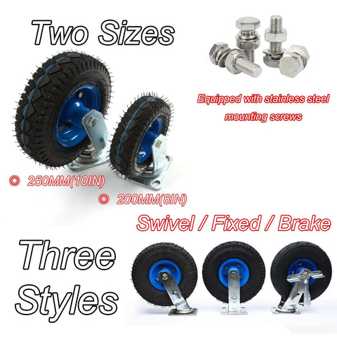 Two Pack Industrial Heavy Duty Casters Featuring Rock Solid Pneumatic Rubber Tires Smooth Swivel Wheels With Tight Brakes And Killer Load Rating For No Sweat Heavy Moving, 200mm and 250mm sizes.