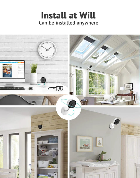 2K Indoor Security Camera for Home, Baby, Elder, and Pet Monitoring With Clear Night Vision shown in various home settings