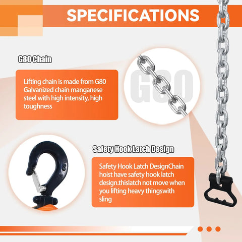 Manual lever chain hoist, 1.5 ton, 10 ft, orange body with silver G80 chain and safety-latch hook