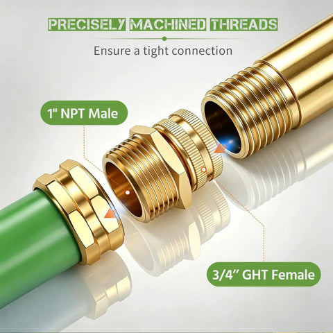 Lead Free Brass 3/4 GHT Female To 1 NPT Male Swivel Adapter For Hose To Pipe Fitting, Thickened Wall, Beefy Heavy Duty Durability, Easy Garden Hose To Pipe Thread Conversion, One Pack; brass hose adapter on garden hose