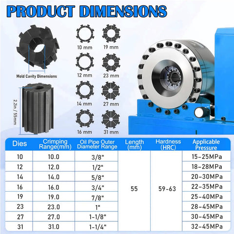 Product dimensions of Heavy Duty Portable Electric Hose Crimping Machine With 8 Interchangeable Dies And Limit Switch For R1 R2 Hoses.
