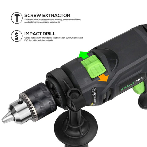 Close-up of Pro-Grade 5 Amp Half Inch Hammer Drill Kit With 105 Accessories showing screw extractor and impact drill features