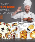 Chef holding steak platter with Two In One Cast Iron Dutch Oven With Lid That Doubles As A Shallow Skillet recipe book displayed