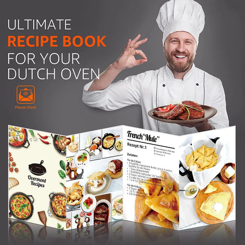 Chef holding steak platter with Two In One Cast Iron Dutch Oven With Lid That Doubles As A Shallow Skillet recipe book displayed