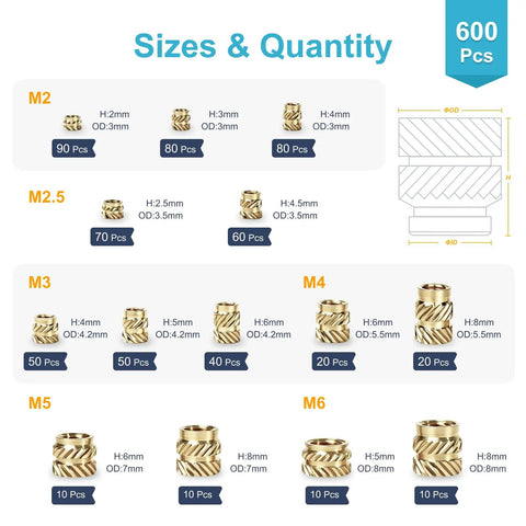 Brass Heat-Set Threaded Inserts Kit For 3D Printing M2-M6 With Tool, knurled inserts in various sizes and quantities displayed.