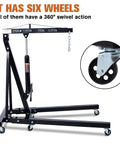 Rock Solid 2 Ton Folding Engine Hoist Cherry Picker Shop Crane with six 360° swivel wheels for easy mobility.