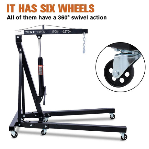 Rock Solid 2 Ton Folding Engine Hoist Cherry Picker Shop Crane with six 360° swivel wheels for easy mobility.