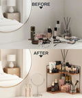 Super Sleek 2 Tier Wooden Corner Shelf For Bathroom Counter And Vanity, showcases organized skincare and makeup in neat corner rack.