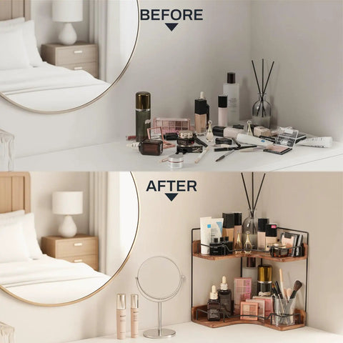 Super Sleek 2 Tier Wooden Corner Shelf For Bathroom Counter And Vanity, showcases organized skincare and makeup in neat corner rack.