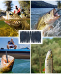 Collage featuring 5 Inch Soft Plastic Bass Lures Pack 24 Count Green Pumpkin With Black Flake Pink Watermelon in various fishing scenes.
