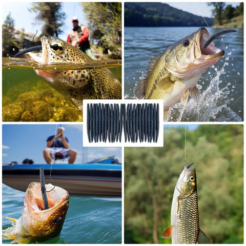 Collage featuring 5 Inch Soft Plastic Bass Lures Pack 24 Count Green Pumpkin With Black Flake Pink Watermelon in various fishing scenes.