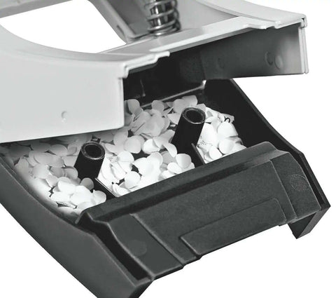 Close-up of Two Hole Punch for 30 Sheets, Metal Office Workhorse showing paper holes and collection drawer, Black NeXXt Range, ergonomic design.