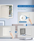 Front view: Access door panel for drywall with push-button switch, white aluminum, 13.5x13.5 in exterior, 12x12 in opening.