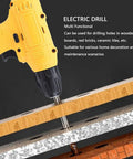 No Sweat Cordless Drill Set With Cushioned Anti Slip Handle and Bulletproof Performance, close-up of yellow electric drill on wood.