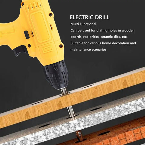 Heavy Duty Cordless Electric Drill Kit With Ergonomic Soft Touch Grip And Rapid Bit Exchange showcasing yellow drill on wood and ceramic.