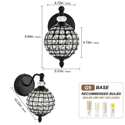 Lumestary 1 Piece Black Crystal Globe Wall Sconce, 1-Light Matte Black Finish Wall Sconce for Bathroom Bedroom Living Room, Vintage Vanity Light with dimensions.
