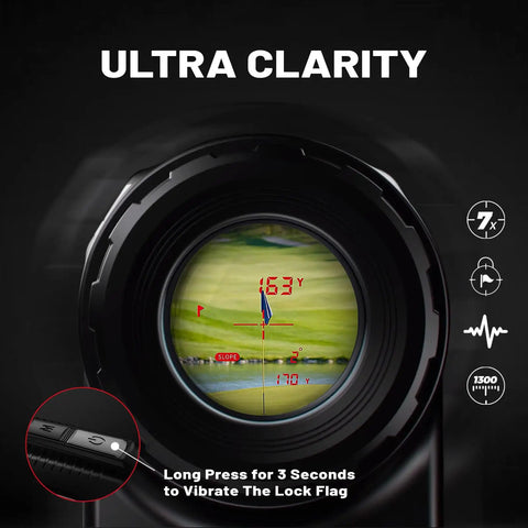 View through lens of Pro Z1 Slope Golf Rangefinder With 1300 Yard Range 7X Magnification Tournament Legal Weather Resistant