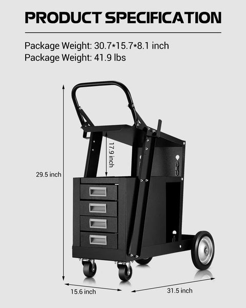 Heavy Duty Welding Cart Built To Haul Four Drawers On Wheels For Mig Welder Up To 220 Lbs For Mig Tig And Plasma Cutter Durable Rust Resistant Steel Construction with dimensions