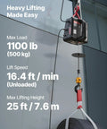 Installed view of VEVOR 2-in-1 electric hoist winch hanging from ceiling with steel cable and hook, 1100 lb capacity