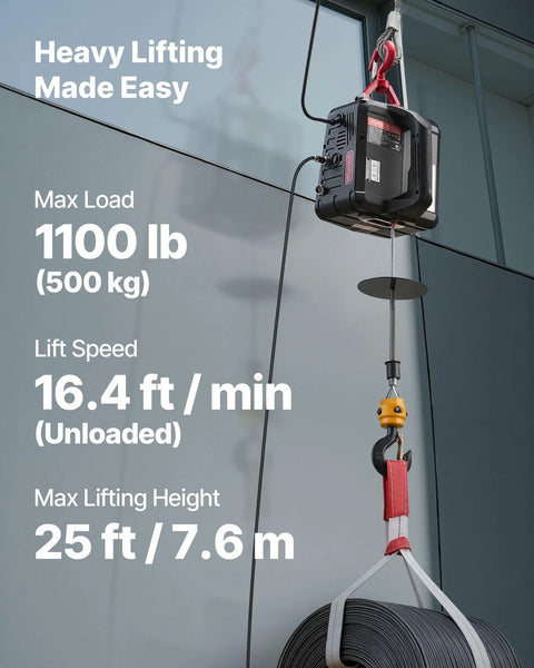 Installed view of VEVOR 2-in-1 electric hoist winch hanging from ceiling with steel cable and hook, 1100 lb capacity