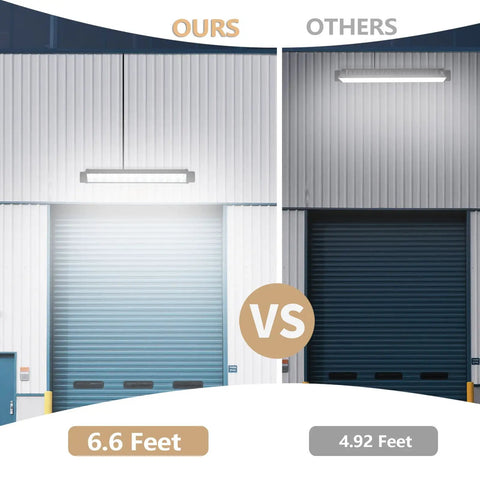 Comparison of Crazy Bright 24W LED Shop Lights 5400 Lumens 6000K Daylight White showing larger 6.6 ft light vs 4.92 ft light