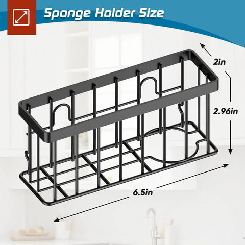 Black Kitchen Sink Sponge Holder Caddy With Suction Cups And Adhesive Strips, 6.5 x 2 x 2.96 inches, space-saving organizer