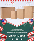 Various sizes of Eco Friendly Kraft Gift Bags With Handles Bulk Medium Brown Paper Bags 8x4.25x10.5 Inches made in USA
