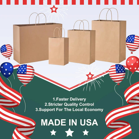 Various sizes of Eco Friendly Kraft Gift Bags With Handles Bulk Medium Brown Paper Bags 8x4.25x10.5 Inches made in USA