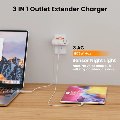 Heavy Duty Plug And Play Triple Wall Tap Extender With Glowing LED Light Three Prong Grounded Outlet Splitter Two Pack used to power devices.