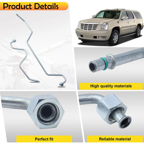 Rack Pinion Transfer Lines Kit For 2008-2014 Chevy Silverado Tahoe Suburban Avalanche GMC Sierra Yukon Cadillac Escalade ESV High Quality Replacements With Durable Copper Core Stainless Braided Hoses shown in image with detailed view of fittings and material.