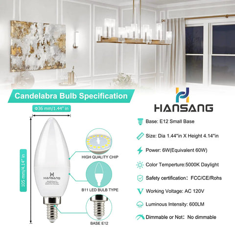 Bright Daylight LED Candelabra Bulbs 6W 60W Equivalent 5000K 600 Lm RA83 E12 Candle Base For Chandeliers And Ceiling Fans Non Dimmable 6 Pack