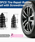 21 Piece Tire Repair Kit With Premium Spiral Screw In Plugs and screwdriver next to car tire, plug size shown