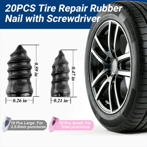 21 Piece Tire Repair Kit With Premium Spiral Screw In Plugs and screwdriver next to car tire, plug size shown