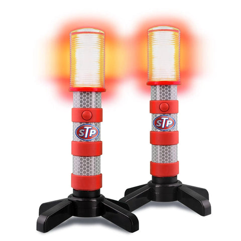 Two LED Road Flares For Vehicles With Three Alert Modes Flashing Red Solid Red And White Flashlight on foldable stands.